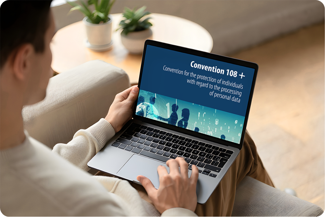 Person using laptop to read information about Convention 108